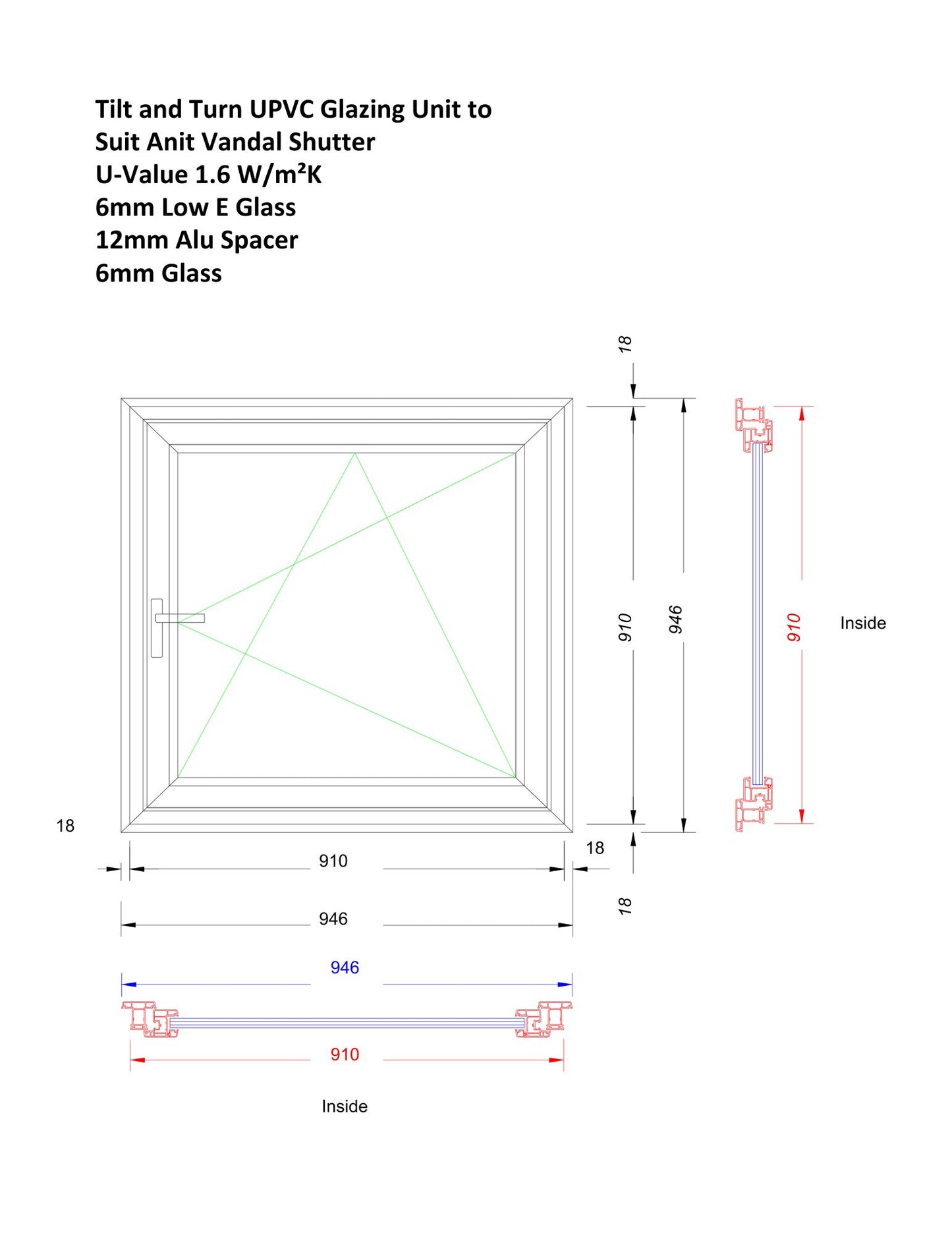 Technical drawing of a UPVC glazing unit with dimensions and specifications.