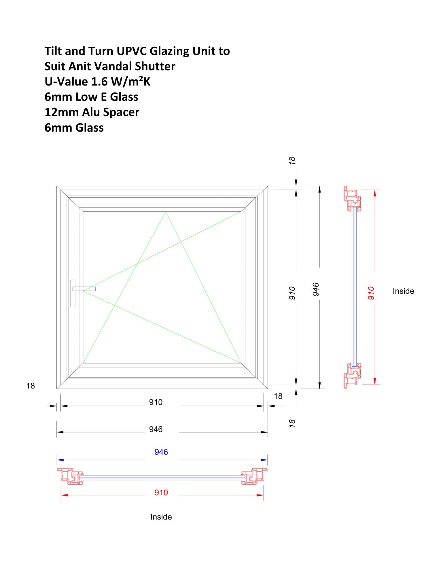 Technical drawing of a UPVC glazing unit with dimensions and specifications.