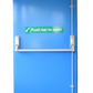 Blue fire rated fire exit door with push bar and safety label on a white background