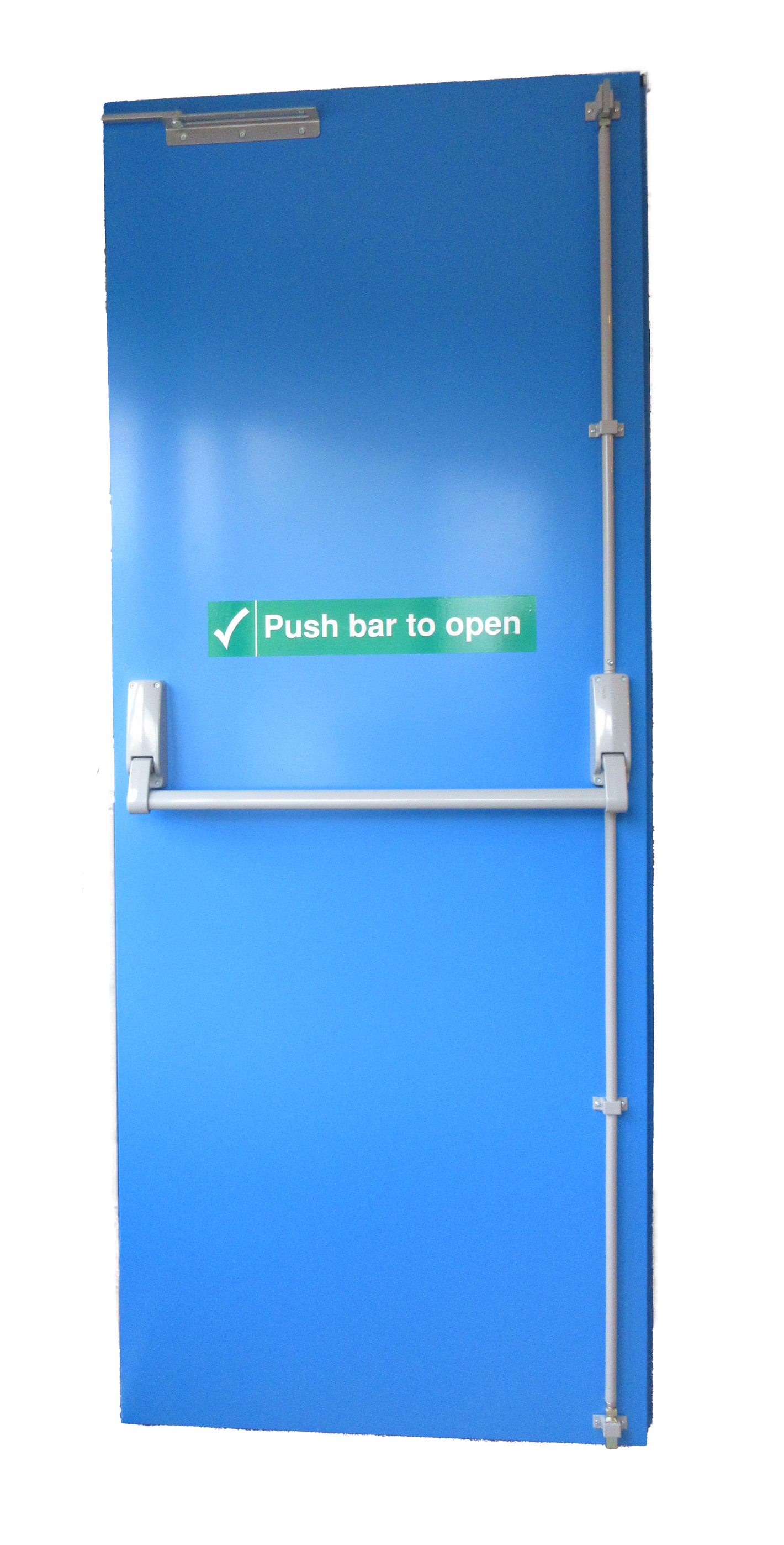 Blue fire rated fire exit door with push bar and safety label on a white background