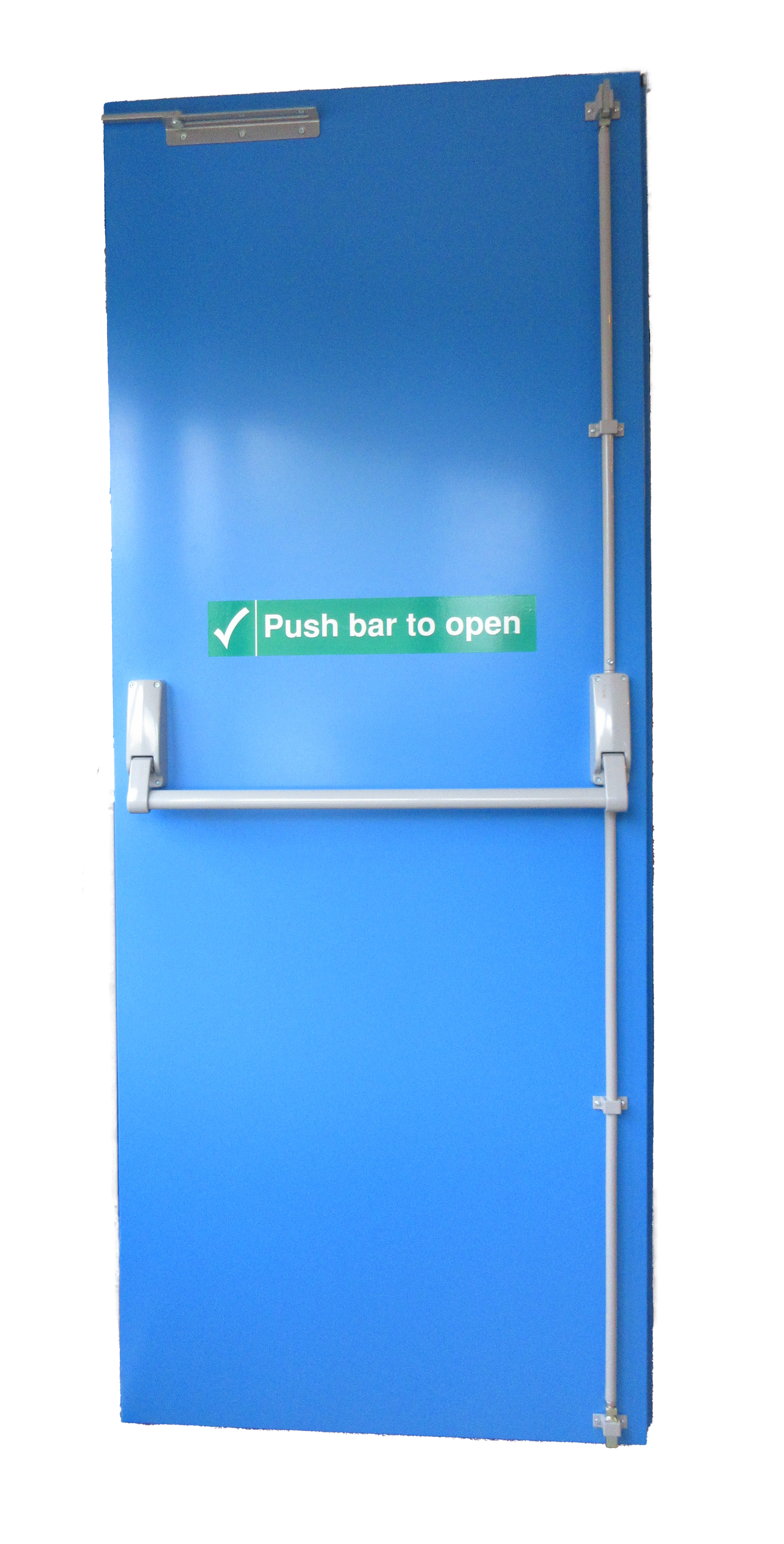 Blue fire rated fire exit door with push bar and safety label on a white background